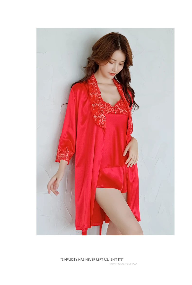 Conjunto de Pijama Conjuntos de 3 Sexy Silk Dormirwear Feminino Peças Verão Estilingue Shorts Robes Cetim Seda Vermelho Pijama X3215 Ice 11 3 peças conjunto de pijama verão estilingue