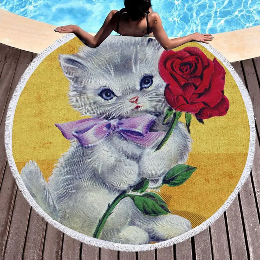 

3D Cat with Rose Butterfly Round Beach Towel Bath Towel Microfiber Fabric 150cm Size