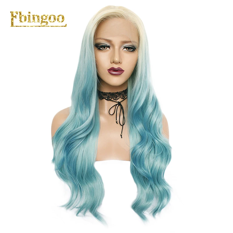 

Ebingoo Ombre Blue Side Part Natural Long Body Wave 613 Platinum Blonde Synthetic Lace Front Wig Cosplay High Temperature Fiber