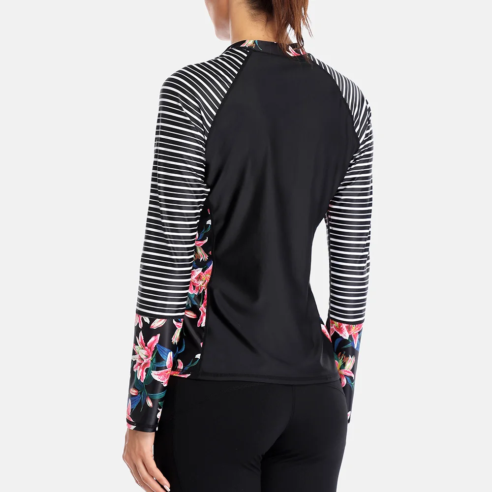 Charmleaks Женский Топ с длинным рукавом Rashguard, купальник в полоску с цветочным принтом, купальник для серфинга, топ для дайвинга, рубашка Rashguard UPF 50