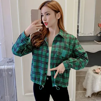 

Fashion Plaid Shirt Female College style 2019 Flannel Blouses Long Sleeve Shirt Plus Size Cotton Blusas Office Tops