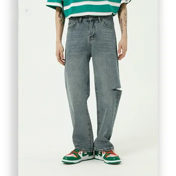 

New Male Streetwear Hip Hop Straight Denim Pants Long Trousers Men Vintage Fashion Washed Broken Hole Casual Jeans