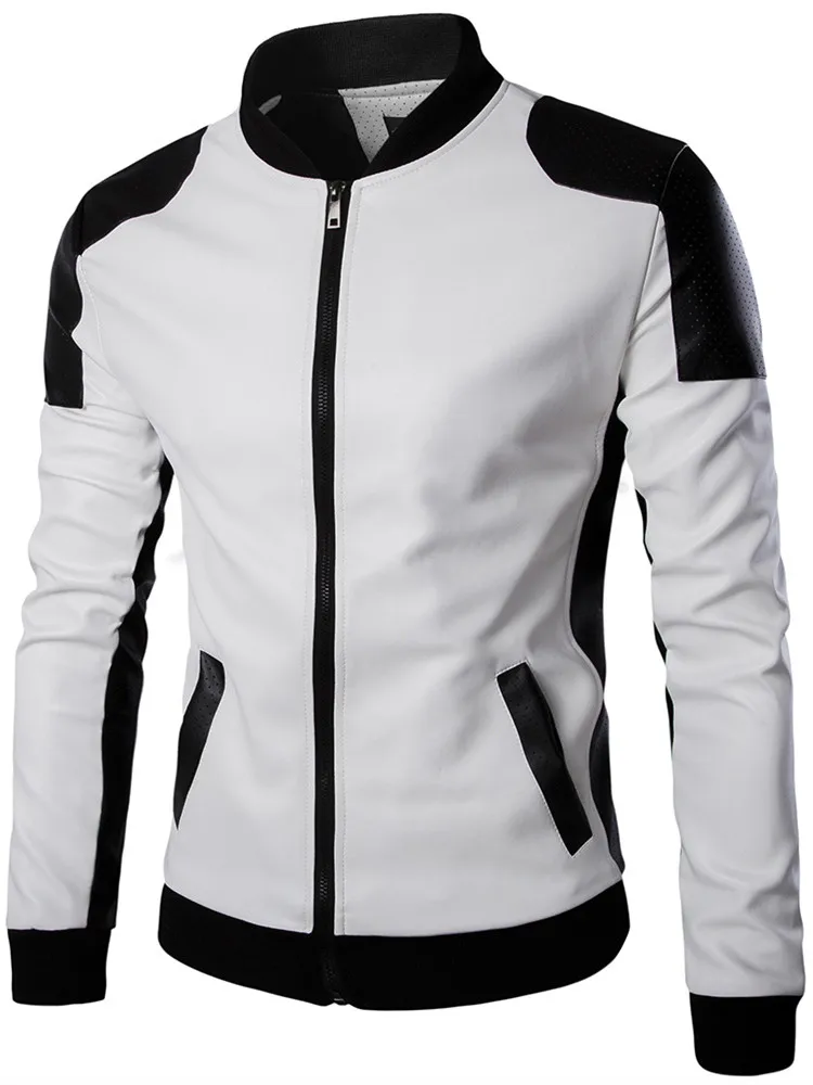 Men's Leather Jackets Men Coats 5XL Brand High Quality PU Outerwear Men Black and white Patchwor Coat Male Stand Collar Jacket