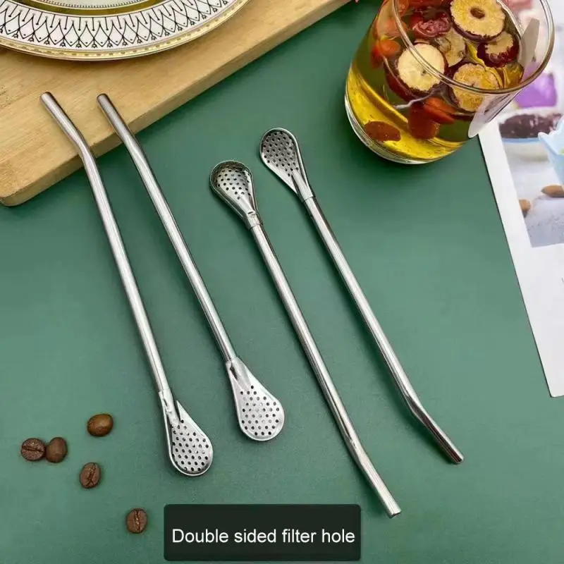 Stainless Steel Teaspoons Straw Tableware Spoon Juice Tea Coffee Spoon Drinking Straw Filter Drinks Tools Bar Scoops Accessories tea spoons