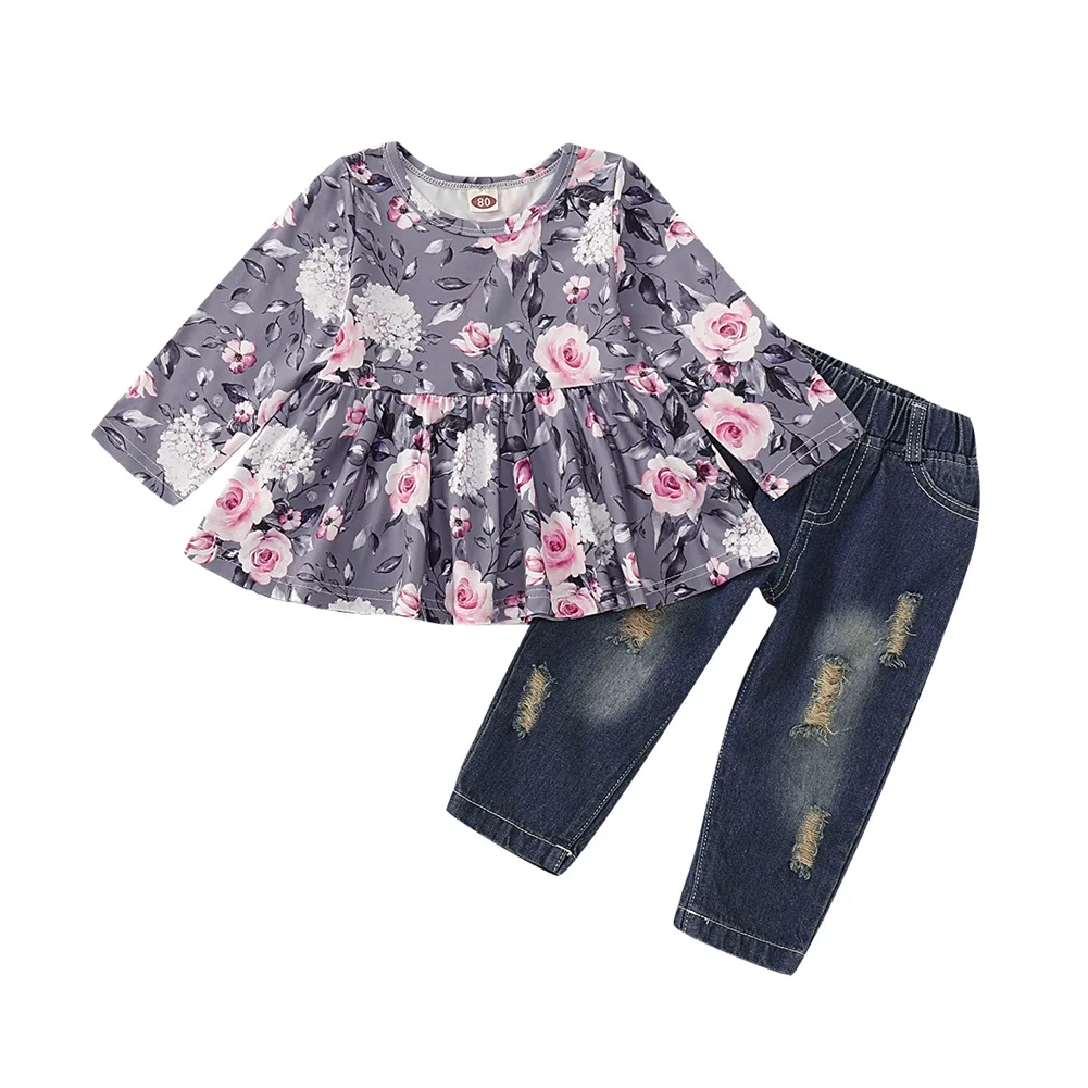 Г. Весенне-осенняя одежда для малышей платье с длинными рукавами и цветочным рисунком для маленьких девочек топ, джинсовые штаны, брюки, комплект одежды, От 1 до 4 лет - Цвет: Фиолетовый
