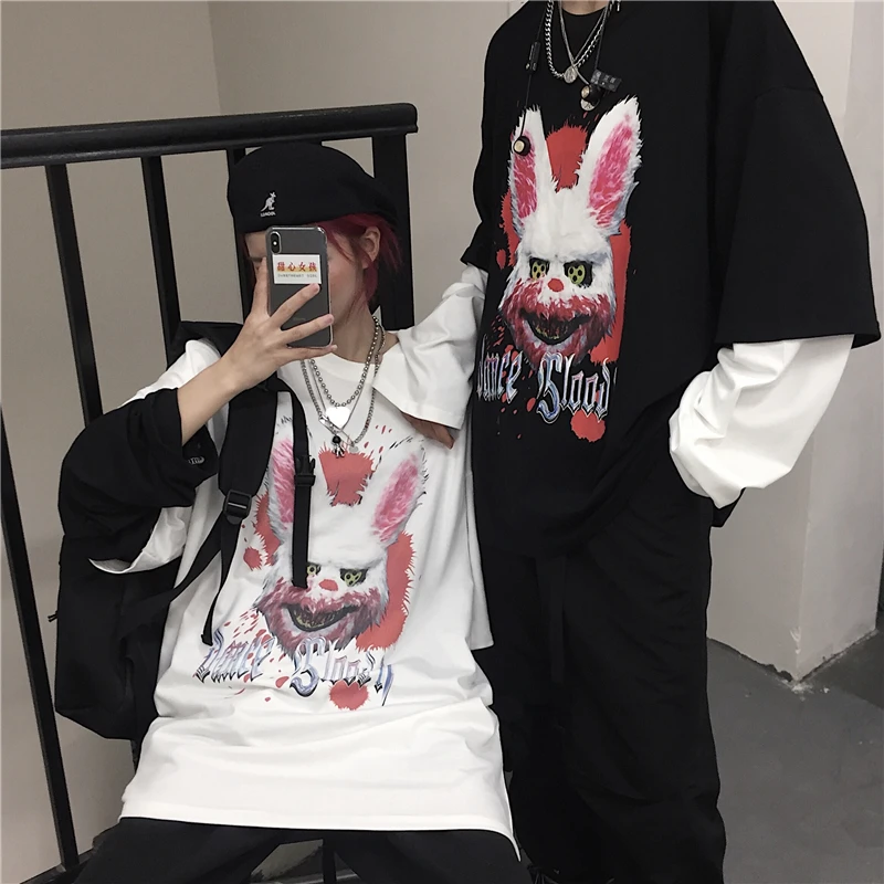 NiceMix/женская футболка с животным принтом в стиле Харадзюку, имитация 2 шт., японская футболка с длинными рукавами и изображением комиксов ужасов Fujiang, женская футболка, Vetement Femme
