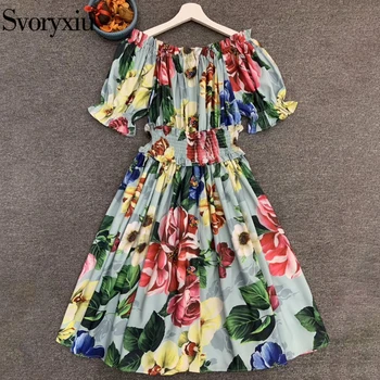 

Svoryxiu Fashion Designer Summer Female Floral Print Off Shoulder Dress Women Short Sleeve Elastic Waist Vintage Mini Dresses