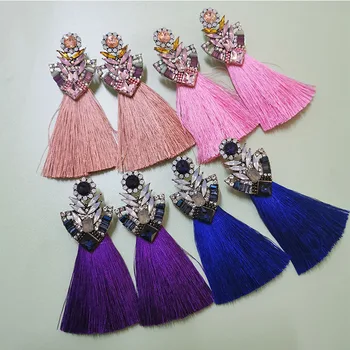 

pink Long Tassel Earrings Crystal Rhinestone korean Vintage Blue Big Flower drop Earrings For Women Christmas earrings wholesale