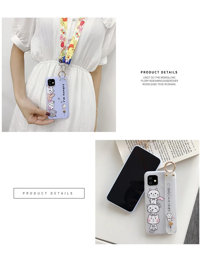 For iphone 11 Cute Avocado Wrist Strap phone Case for iphone 11 pro max Cartoon CAT silicone Rabbit Back cover+ strap