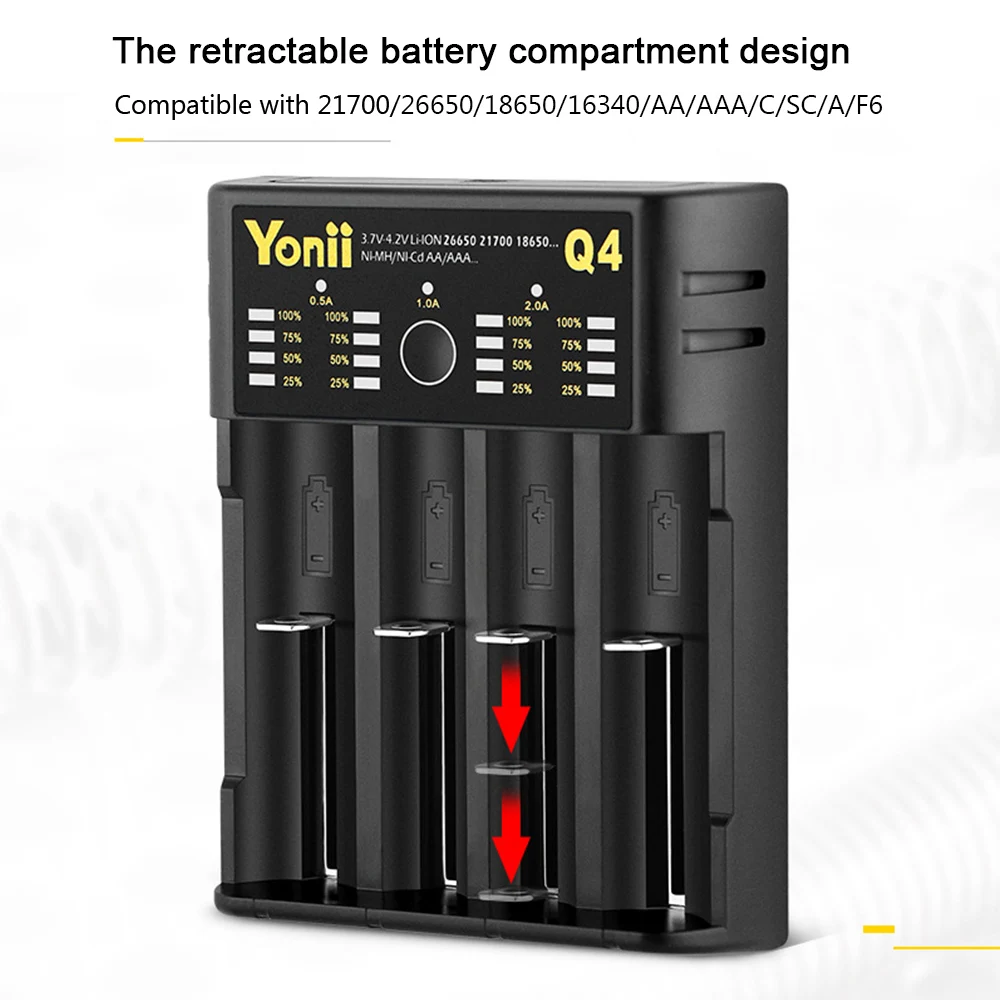 YONII Q4 3,7 V 18650 зарядное устройство литий-ионный USB 4 слота независимая зарядка совместима с различными литиевыми аккумуляторами 3,6 V/3,7 V
