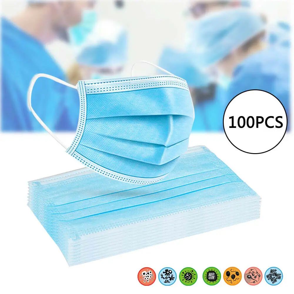 

100Pcs Disposable Face Shield Masks 3 Layer Surgical Ear Mask for Vrus Flu Nonwoven Elastic Earloop Salon Mouth Face Masks
