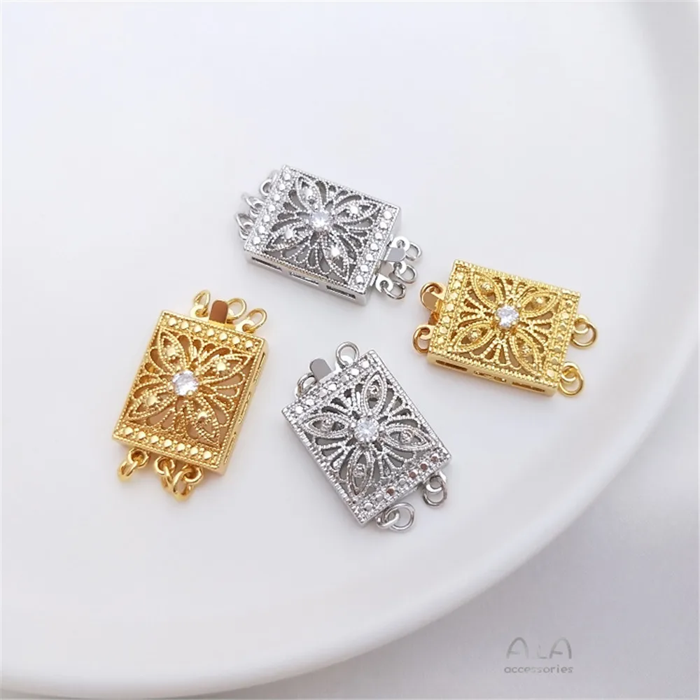 1pcs 23x13.5mm Vacuum plated 18K real gold white gold zircon rectangular multi-row pearl buckle diy jewelry buckle