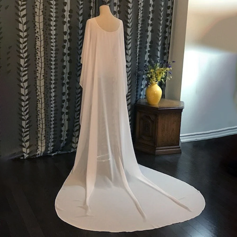 Wedding Bridal Chiffon Long Cape Dinner Party Formal Lady Cloak O-neck Prom Women Shawl Elegant High-low Wrap White Pink Black
