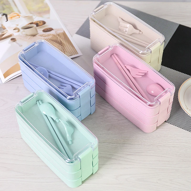 Ланч-бокс для детей Пшеничная солома Bento box BPA бесплатно коробка для хранения еды для перекуса Microwavable Экологически Чистые контейнеры для еды с набором посуды
