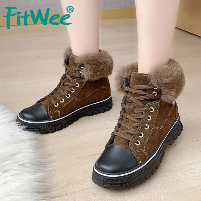 FITWEE Women Ankle Boots Winter Keep Warm Fur Flats Shoes Women Casual Lace Up Round Toe Fashion Party Short Boots Size 35-39