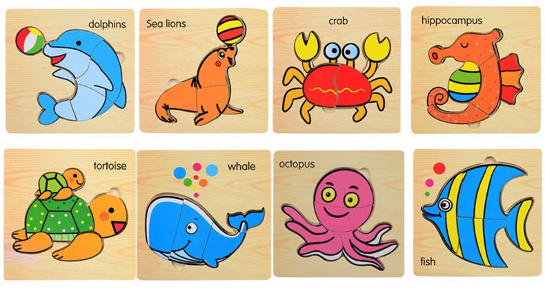 Marine Animal Series 8 шт./лот 3D головоломки деревянные игрушки Мультяшные животные Пазлы детские развивающие игрушки для детей игрушки - Цвет: Marine Animal Series
