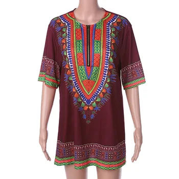 

Summer Men African Print Shirt Short 1/2 Sleeves Claret O-Neck With Zip Tee Dashiki Pullover Long Length T-Shirt S-3XL For Men
