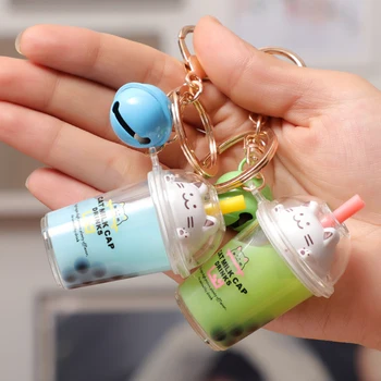 

New Cute Keychain Cartoon Cat Car Keychain Mini Milk Tea Cup Liquid Crystal Quicksand Sequin Key Ring Bag Pendant for Women Men