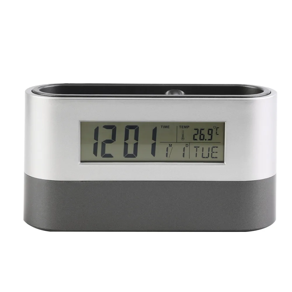 Multifunctional Digital Snooze Alarm Clock with Pen Holder Calendar Temperature Display Grey Color Drop Shipping