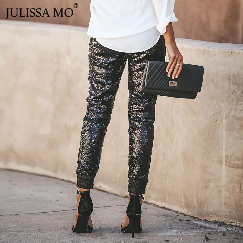 Julissa mo золотые блестками Bodycon Карандаш Брюки для женщин Повседневное Высокая талия на шнуровке брюки зима Рождественская вечеринка Pantalon Femme
