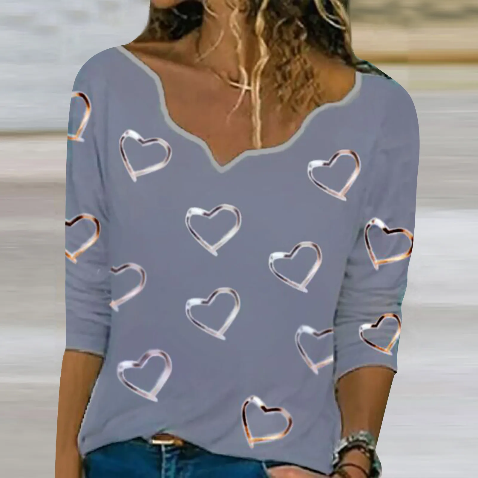 Camisetas asimétricas con estampado de corazones para mujer, jersey de cuello, camiseta de manga larga, Top holgado, ropa gótica de gran tamaño, 2021