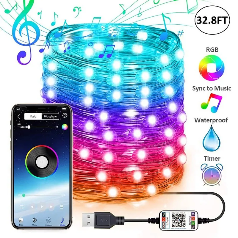 

USB LED String Light RGB Bluetooth App Control Copper Wire String Lamp Waterproof Outdoor Fairy Light Christmas Tree Decor Gift
