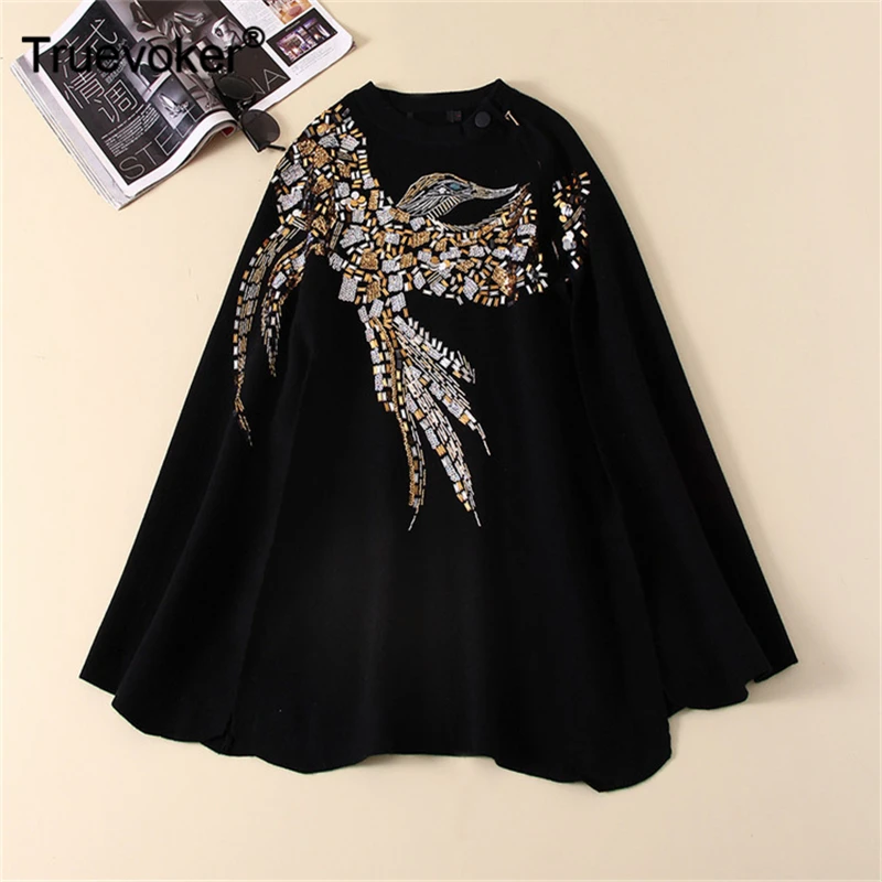 

Truevoker Autumn Designer Sweater Women's High Quality Sleeveless Royal Luxury Eagle Sequins Beading Knitting Cloak