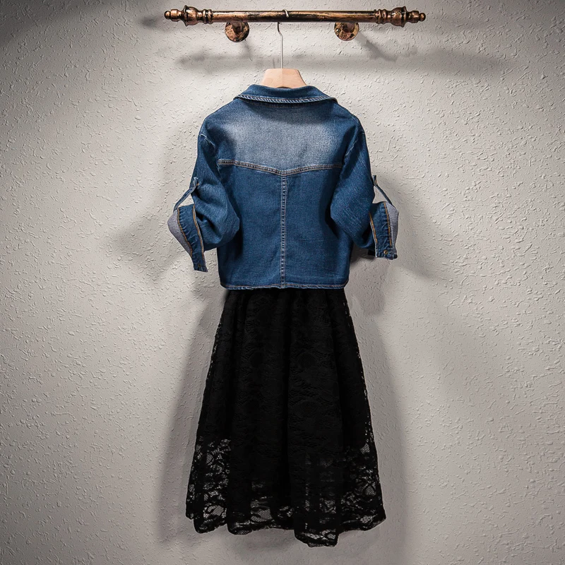 Женский комплект из двух предметов размера плюс, осень, женское платье, кружевное Сетчатое платье без рукавов+ джинсовая куртка, уличные костюмы 5XL