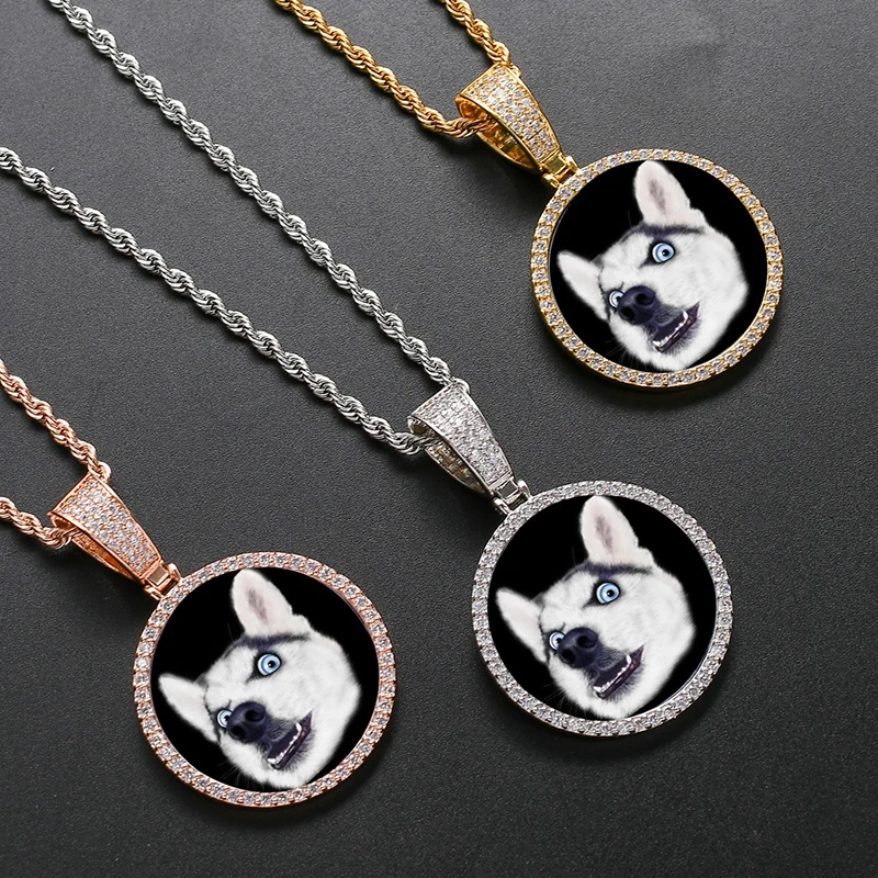 

Custom Circle Photo Medallions Necklace & Pendant With 3mm Tennis Chain Gold Color Cubic Zircon Men's Hip hop Jewelry