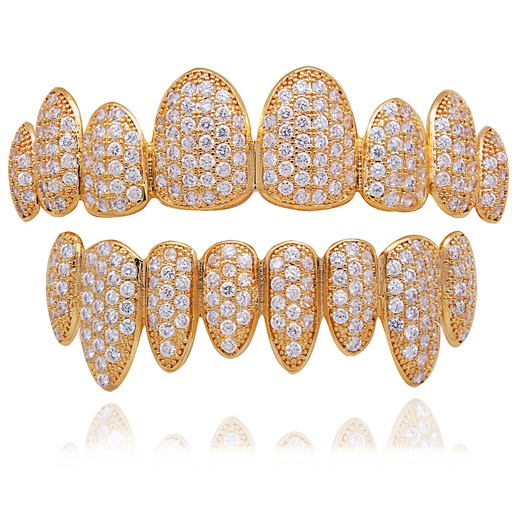 LuReen Iced Out Grillz Vampire Fangs Grillz Top Bottom Gold Teeth Hip Hop Tooth Caps CZ Crystal Bling Grillz Rapper Jewelry