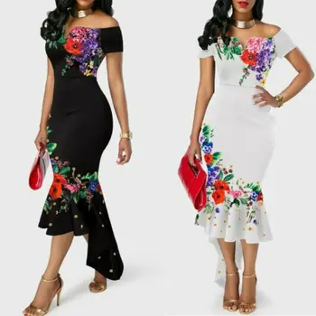 

Hot Sale Women Ladies Fashion Elegant Summer Dress Sexy V Neck Floral Print Bodycon Dress Party Formal Dress
