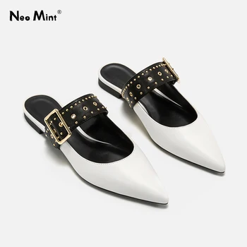 2020 летние туфли без задника с заклепками в стиле панк; Женские сандалии на плоской подошве с острым носком; Женские кожаные шлепанцы с шипам...