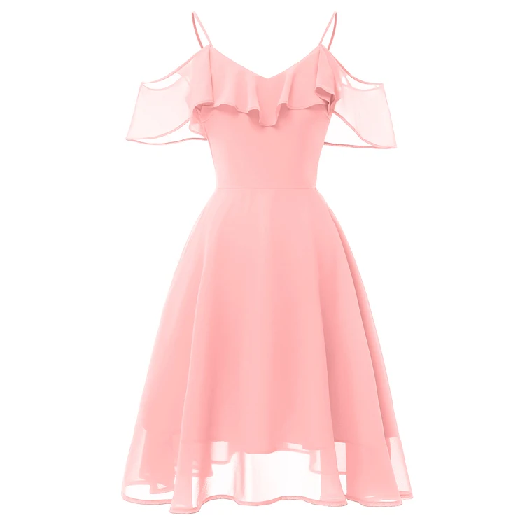 Коктейльные платья с милым вырезом на бретельках, короткое шифоновое платье трапециевидной формы с рюшами, красное, розовое, синее элегантное платье, вечерние официальное коктейльное платье, синее, винно-красное, розовое - Цвет: Розовый