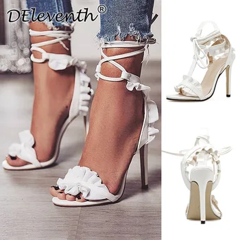 

white high heels women's shoes lotus leaf lace sandals
