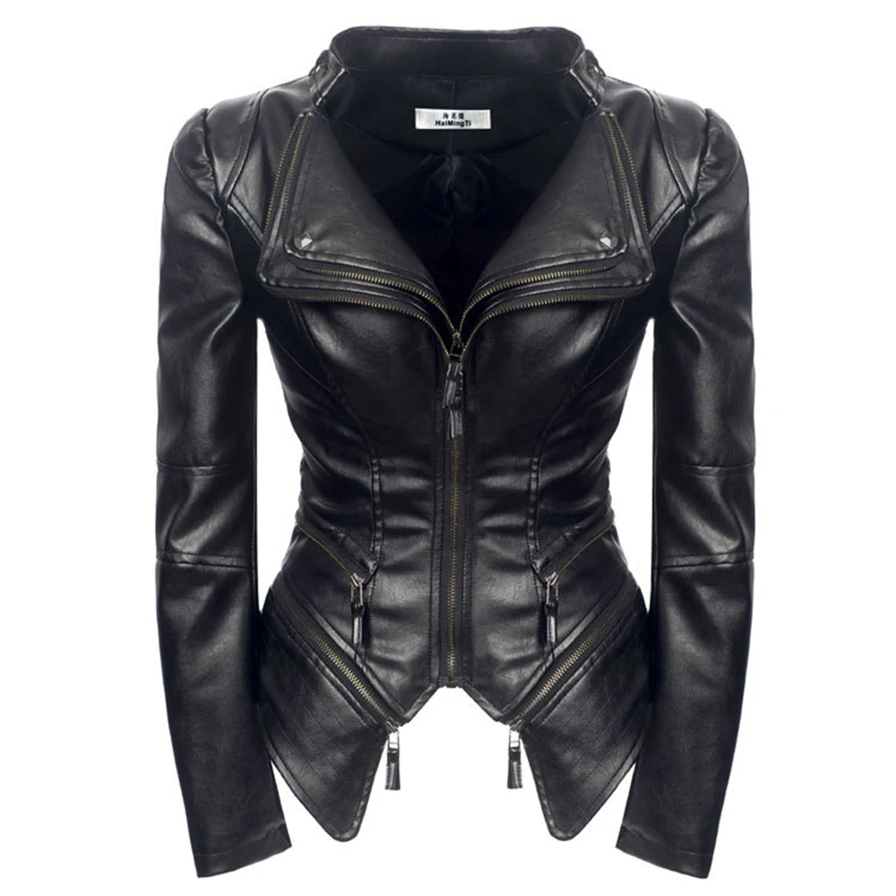 En Ligne Femmes printemps manteau noir mode moto veste 2019 survêtement faux cuir veste en cuir synthétique polyuréthane gothique faux cuir manteaux