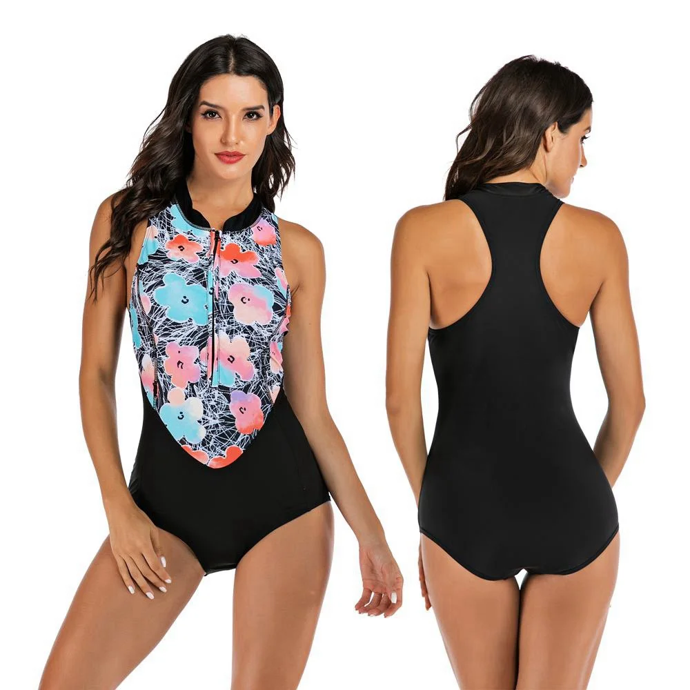 2020 New Rashguard Swimsuit One Piece Print Surf Swimwear Women Bodysuit Beach Bikini Zip Push Up Swim Suits Sport Monokini XXL