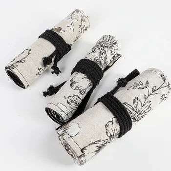 

Large-Volume Pencil Roll Sketch Lead Pencil Case Black Peony And Wind Printed Canvas Pen Curtain 24 36 48 72 Hole DC392