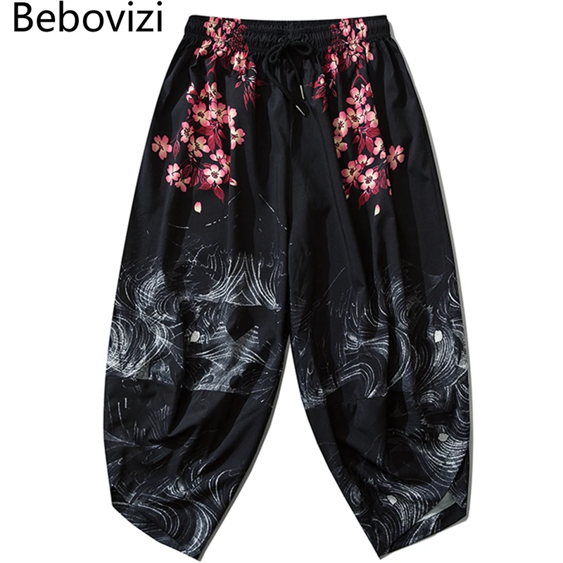 Japanese Style Harajuku Men Trousers Sakura Samurai Costume Loose Fashion Women Traditional Bloom Pants Haori japanese kimono