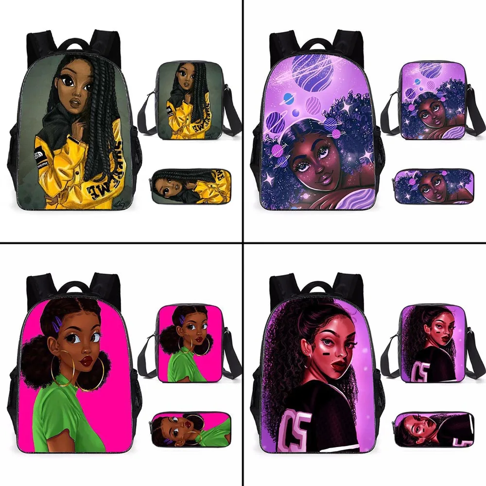 2021 New Cartoon African Girl Three-Piece School Bag Elementary Middle School Students Anime Print Backpack Shoulder Pencil Case