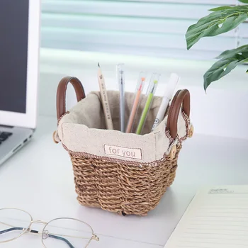 

Hemp Rope Woven Basket Fabric with Handles Portable Flower Pot Basket Decoration Desktop Tidy-Up Storage Container