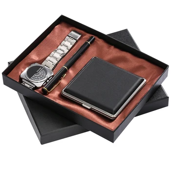 

New Fashion Male Quartz Watch Gift Sets Men's Cigarette Case High Grade GD Pen Greeting Card Box Gifts for Dad Husband Boyfriend