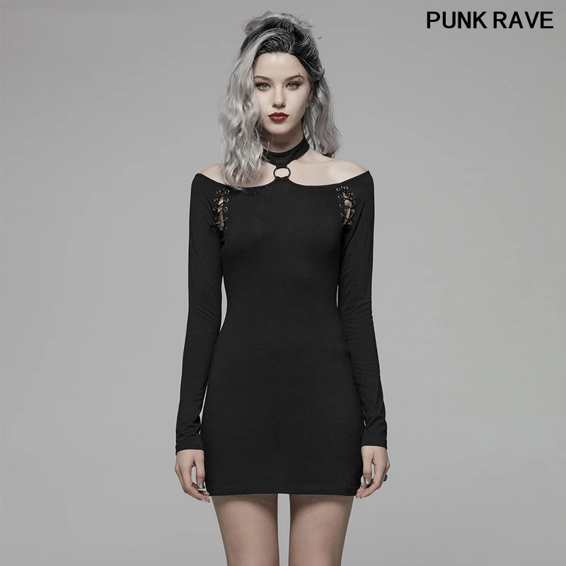 

Punk Elasticity Knit Fabric Dew shoulder Slim Party Club Short Dress fashion Personality Women Strap Dress PUNK RAVE WQ-405LQF