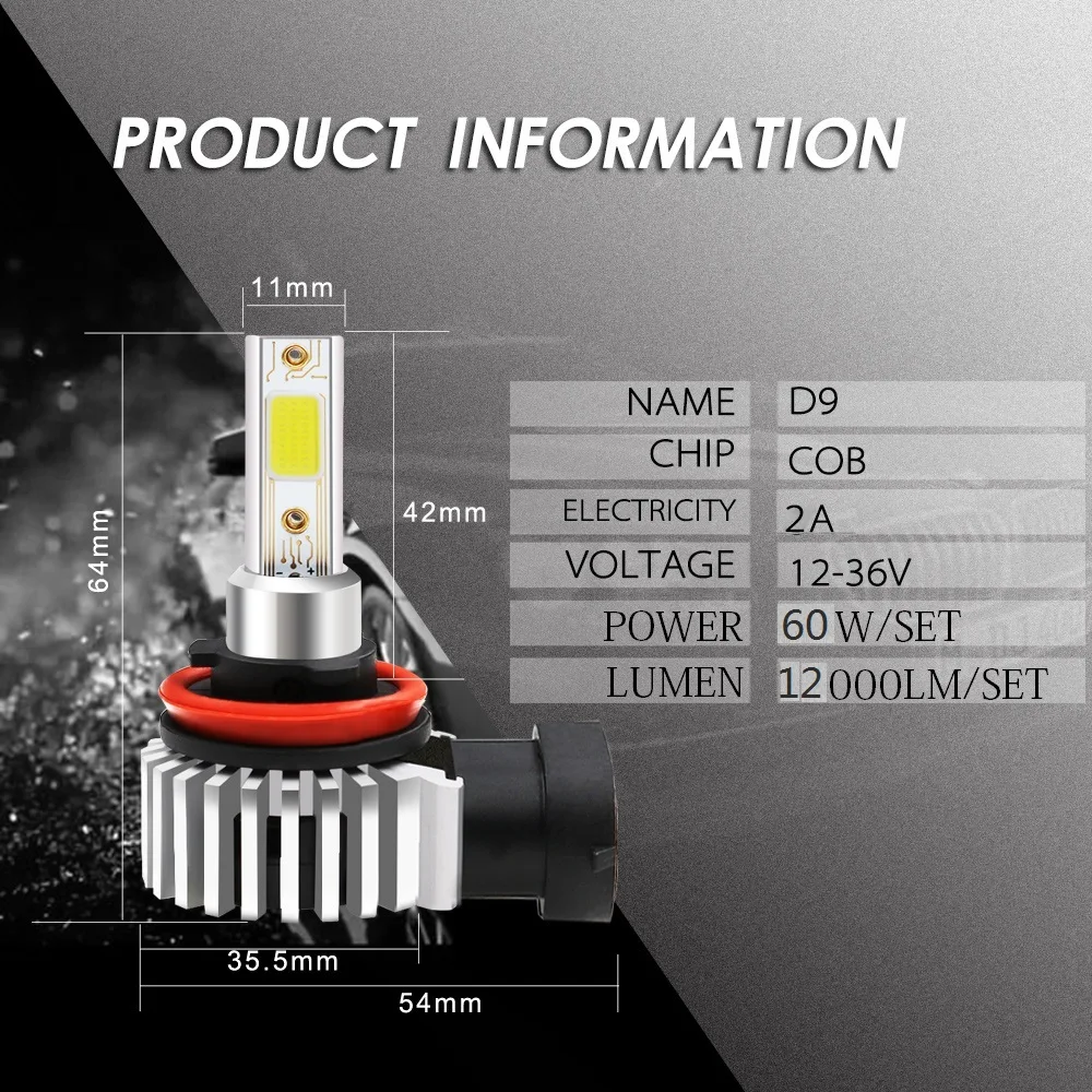 2pcs 60W 12000LM Car LED Headlight Bulbs H11 H8 9006 HB4 9005 HB3 H4 H7 H9 H1 Mini Headlight Kit for High/Beam Bulb Fog Light D9 led car lights,led lights,led bulbs,led headlights,led car headlights,car headlamps,hid headlight bulbs