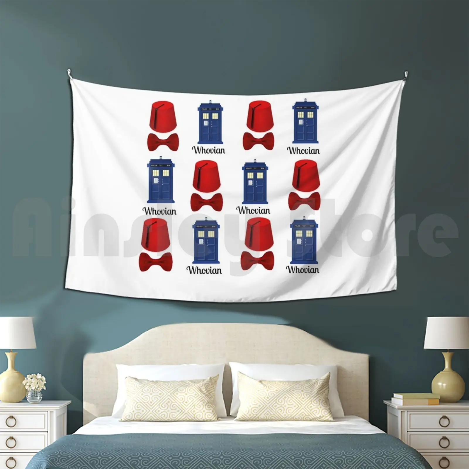 Wovian Tile Tapestry Background Wall Hanging Who Tardis Fezes Cool Bow Tie Una Volta Su A