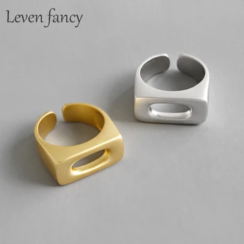 

925 Sterling Silver Geometric Square Bar Oval Hollow Circle Frosted Matte Gold Ring Adjustable for Women Girl Fashion Jewelry