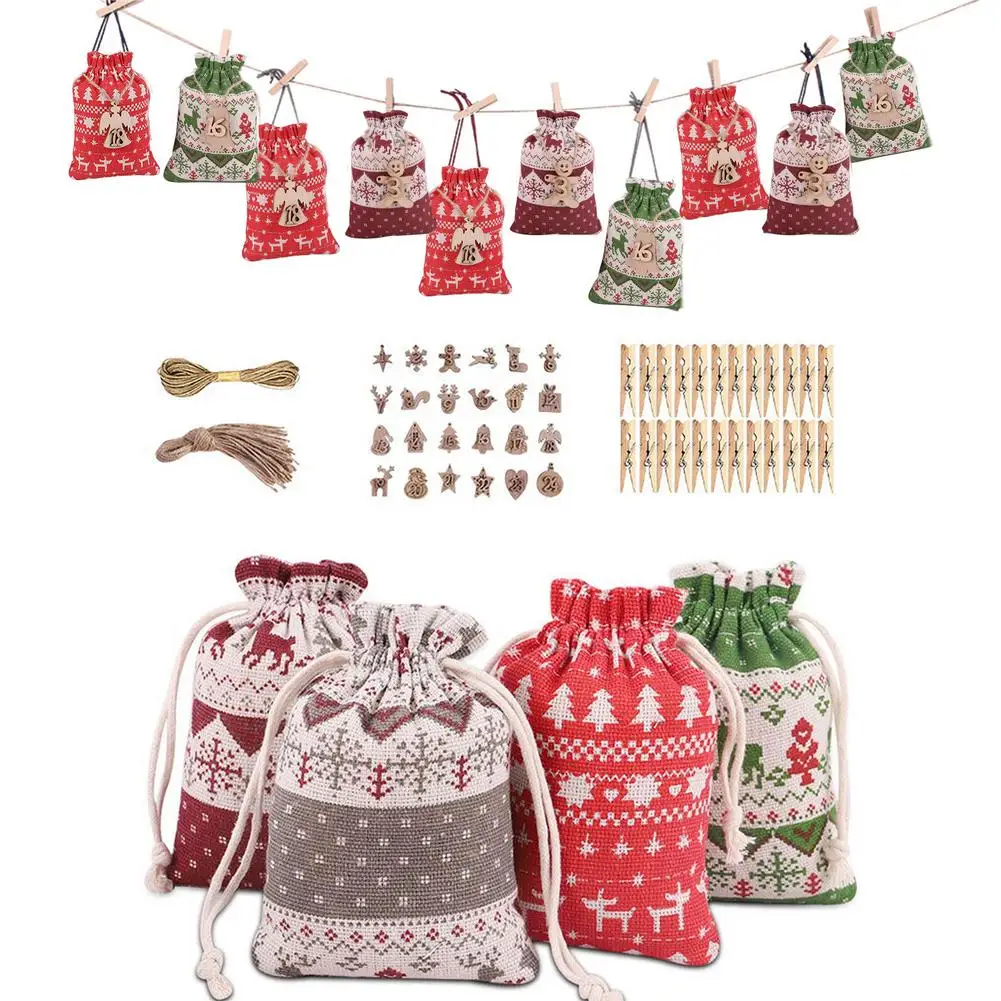 24pcs DIY Numbers Bag Christmas Advent Calendar Ornament Christmas Gift Bags Calendar Countdown Bag Candy Storage Pouches
