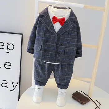 

Korean Style Children's Fashion Plaid Suit Three-piece Bow Tie Handsome Autumn Suit Baby Boys Combed Cotton Pullover Casual