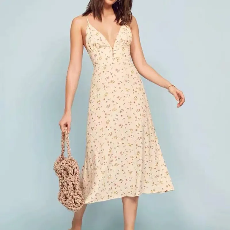 Mooie Mode Zomer Diepe V-hals Bloemenprint Midi Jurk Vintage Spaghetti Band Mouwloze Jurk Casual Knoppen Sexy Jurk Mooie Mode Zomer Diepe V-hals Bloemenprint Midi Jurk Vintage Spaghetti Band Mouwloze Jurk Casual Knoppen Sexy Jurk