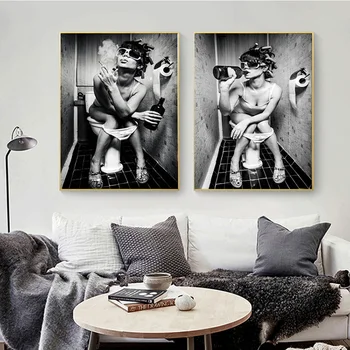 

Modern Toilet Sexy Woman Poster Wall Art Bar Girl Smoking and Drinking In Restroom Canvas Prints Painting Picture for Home Decor