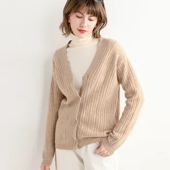 

New solid color knitted cardigan thick thread button long-sleeved cardigan women red
